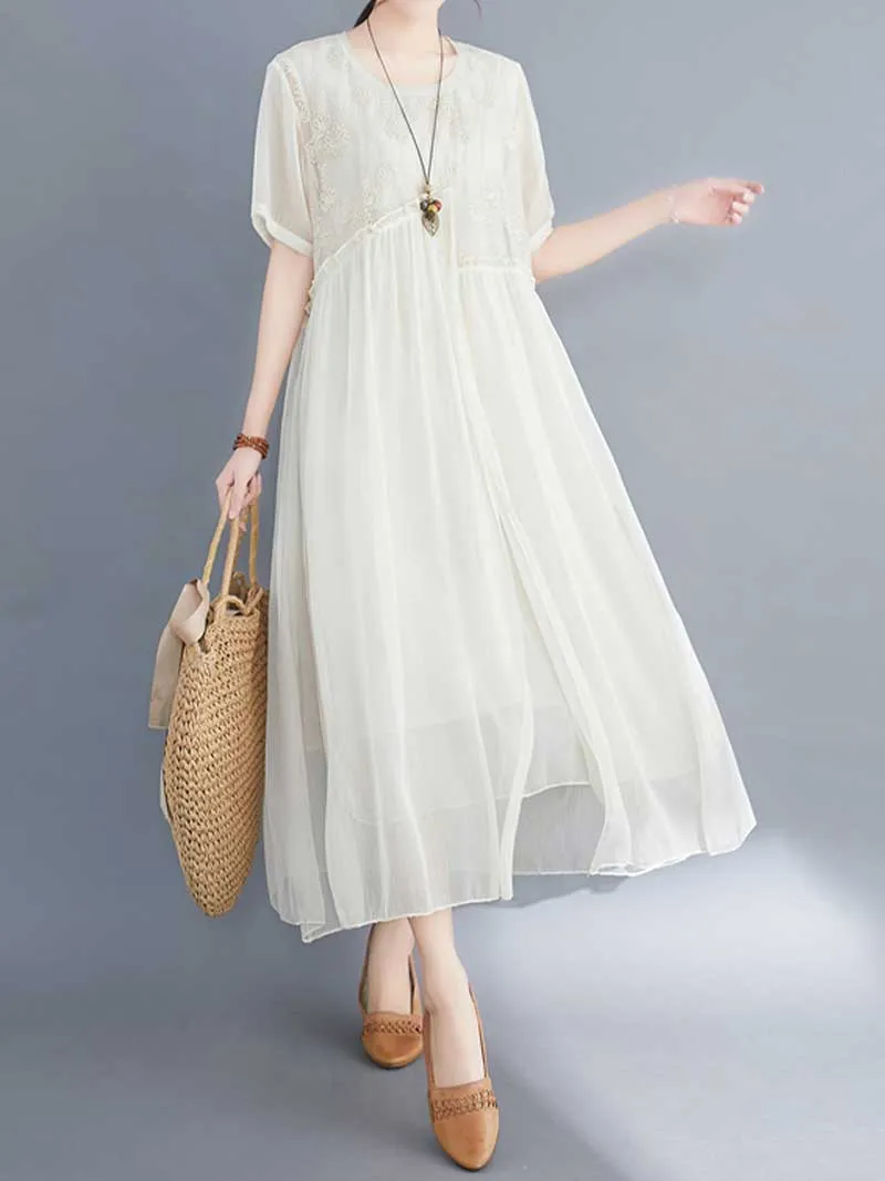Embroidered Silk Round-Neck A-Line Dress