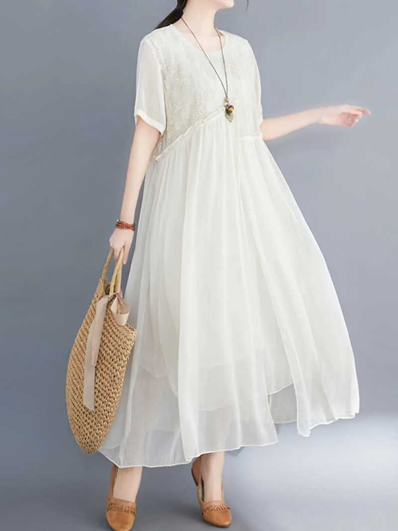 Embroidered Silk Round-Neck A-Line Dress