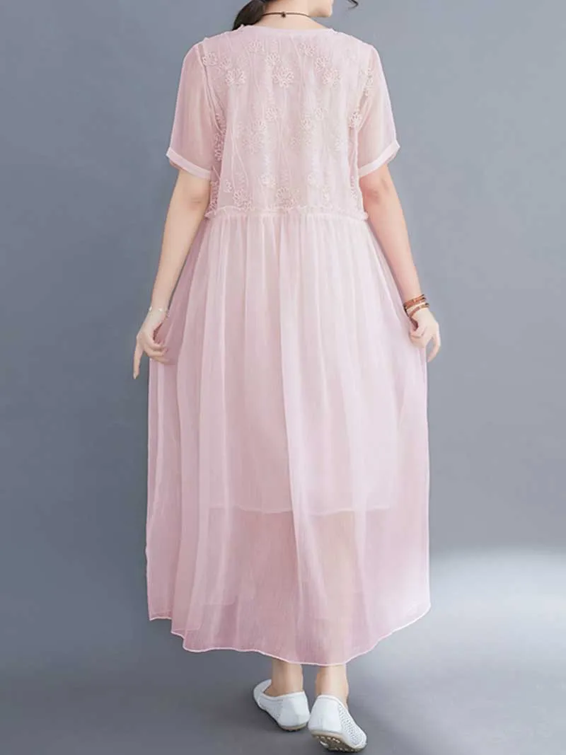 Embroidered Silk Round-Neck A-Line Dress