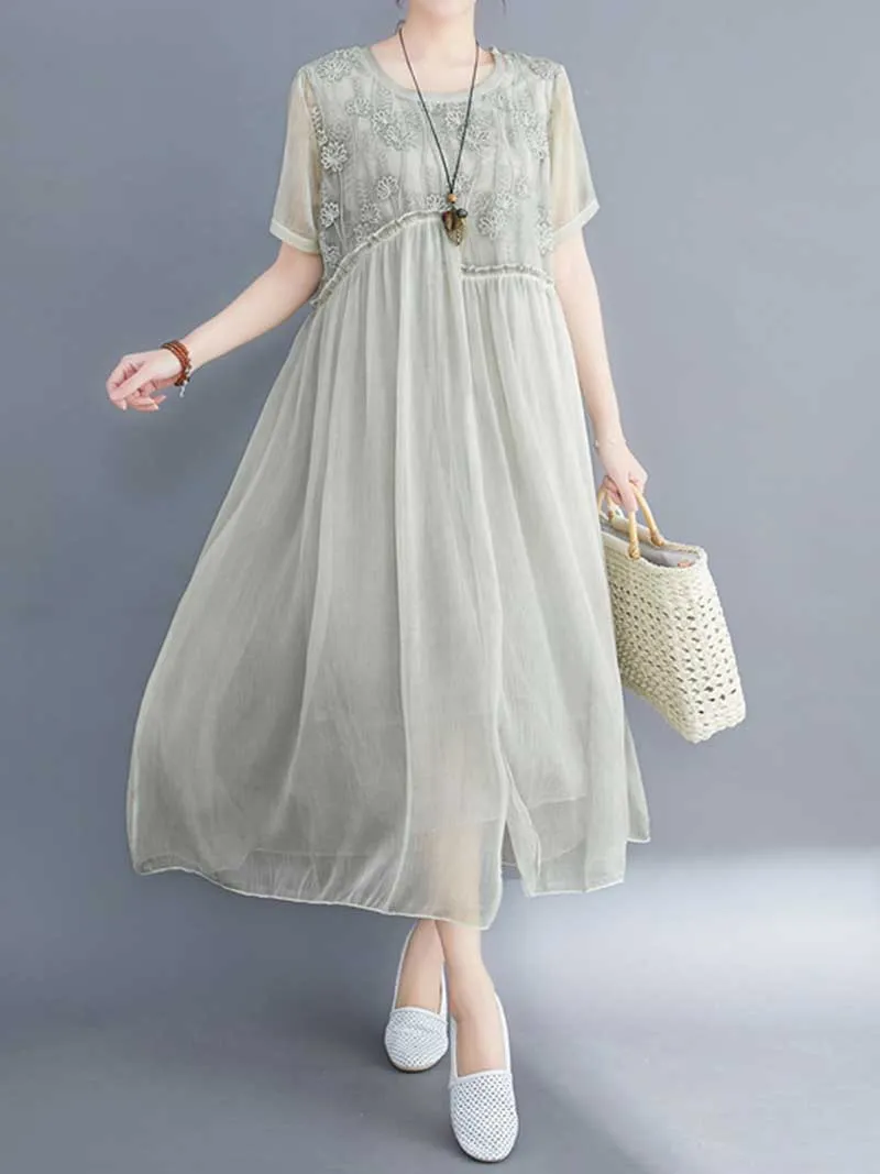 Embroidered Silk Round-Neck A-Line Dress