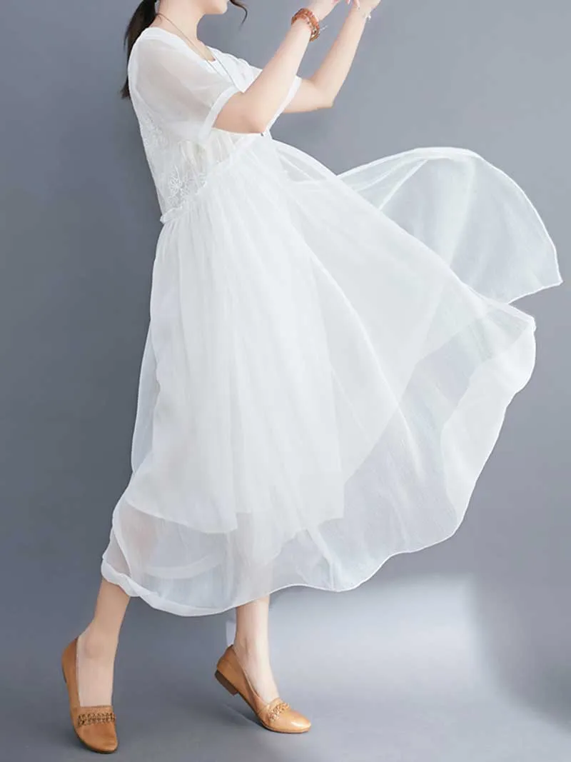 Embroidered Silk Round-Neck A-Line Dress