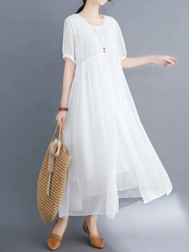 Embroidered Silk Round-Neck A-Line Dress
