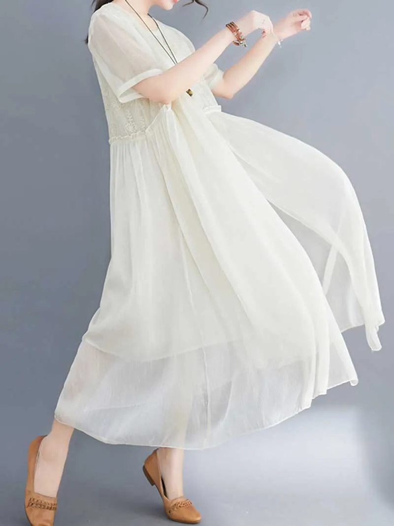 Embroidered Silk Round-Neck A-Line Dress