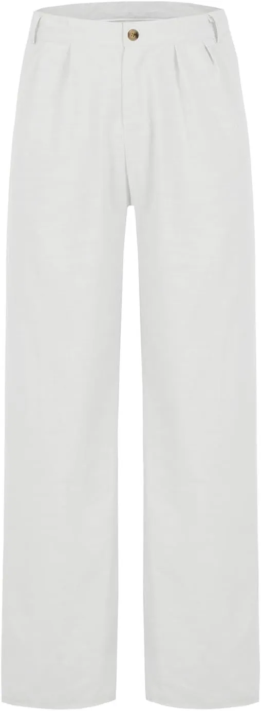 Finelylove Cotton Linen Pants Men Straight Leg Pleated Work Dress Pants Relaxed Fit Casual Leisure Chino Trousers