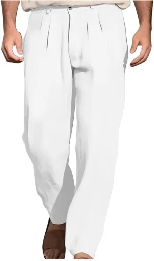 Finelylove Cotton Linen Pants Men Straight Leg Pleated Work Dress Pants Relaxed Fit Casual Leisure Chino Trousers