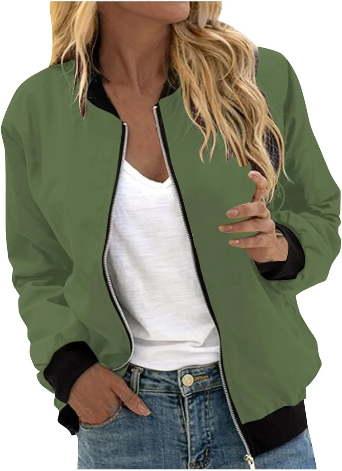 Firzero Womens Jackets Dressy Casual Bomber Jackets Casual Zip Up Fall Coat Long Sleeve Windbreaker Lightweight Fall Jackets