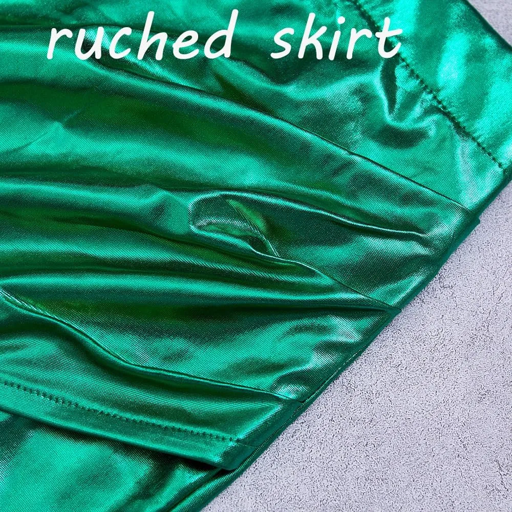 Girls Metallic Skirts Sparkle Shiny Toddler Baby Mini Ruched Skirts PU Faux Leather Short Skirt with Cute Headbands