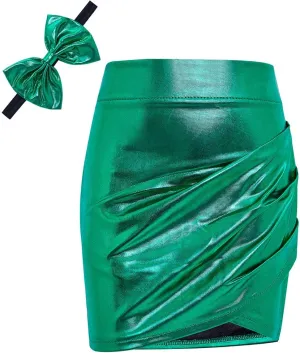Girls Metallic Skirts Sparkle Shiny Toddler Baby Mini Ruched Skirts PU Faux Leather Short Skirt with Cute Headbands