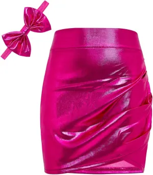 Girls Metallic Skirts Sparkle Shiny Toddler Baby Mini Ruched Skirts PU Faux Leather Short Skirt with Cute Headbands