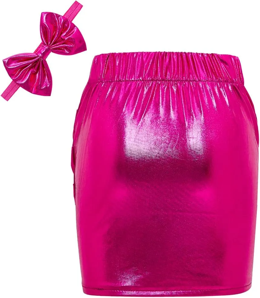 Girls Metallic Skirts Sparkle Shiny Toddler Baby Mini Ruched Skirts PU Faux Leather Short Skirt with Cute Headbands