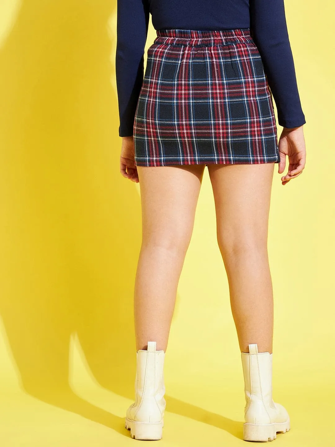 Girls Navy & Red Check Side Button Mini Skirt - Lyush Kids