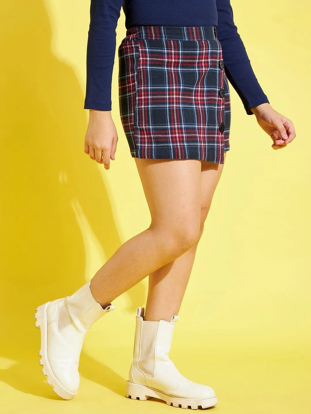 Girls Navy & Red Check Side Button Mini Skirt - Lyush Kids
