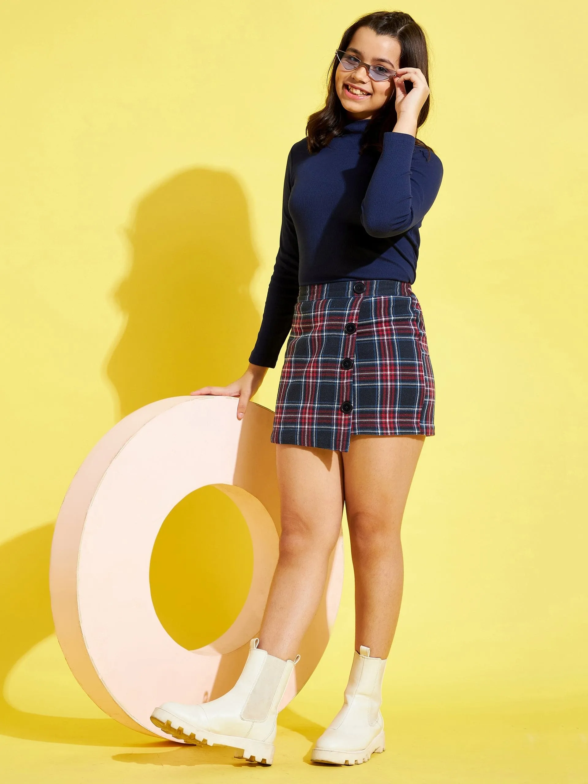 Girls Navy & Red Check Side Button Mini Skirt - Lyush Kids