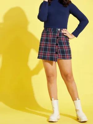 Girls Navy & Red Check Side Button Mini Skirt - Lyush Kids