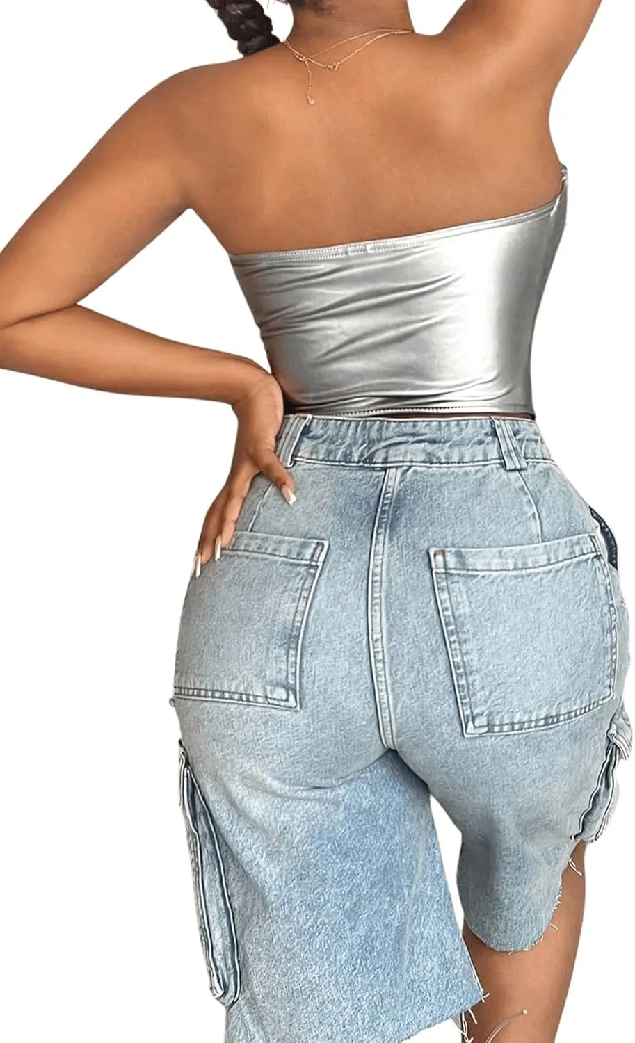 GORGLITTER Women's Metallic Corset Tops Strapless Bandeau Tube Tops Sleeveless Asymmetrical Concert Crop Tops