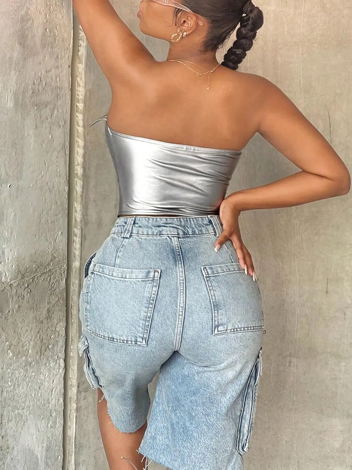 GORGLITTER Women's Metallic Corset Tops Strapless Bandeau Tube Tops Sleeveless Asymmetrical Concert Crop Tops