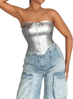 GORGLITTER Women's Metallic Corset Tops Strapless Bandeau Tube Tops Sleeveless Asymmetrical Concert Crop Tops