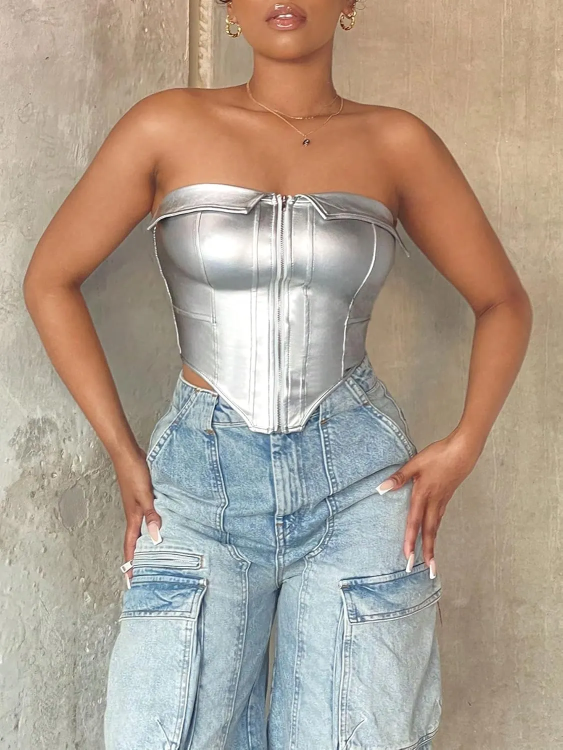 GORGLITTER Women's Metallic Corset Tops Strapless Bandeau Tube Tops Sleeveless Asymmetrical Concert Crop Tops