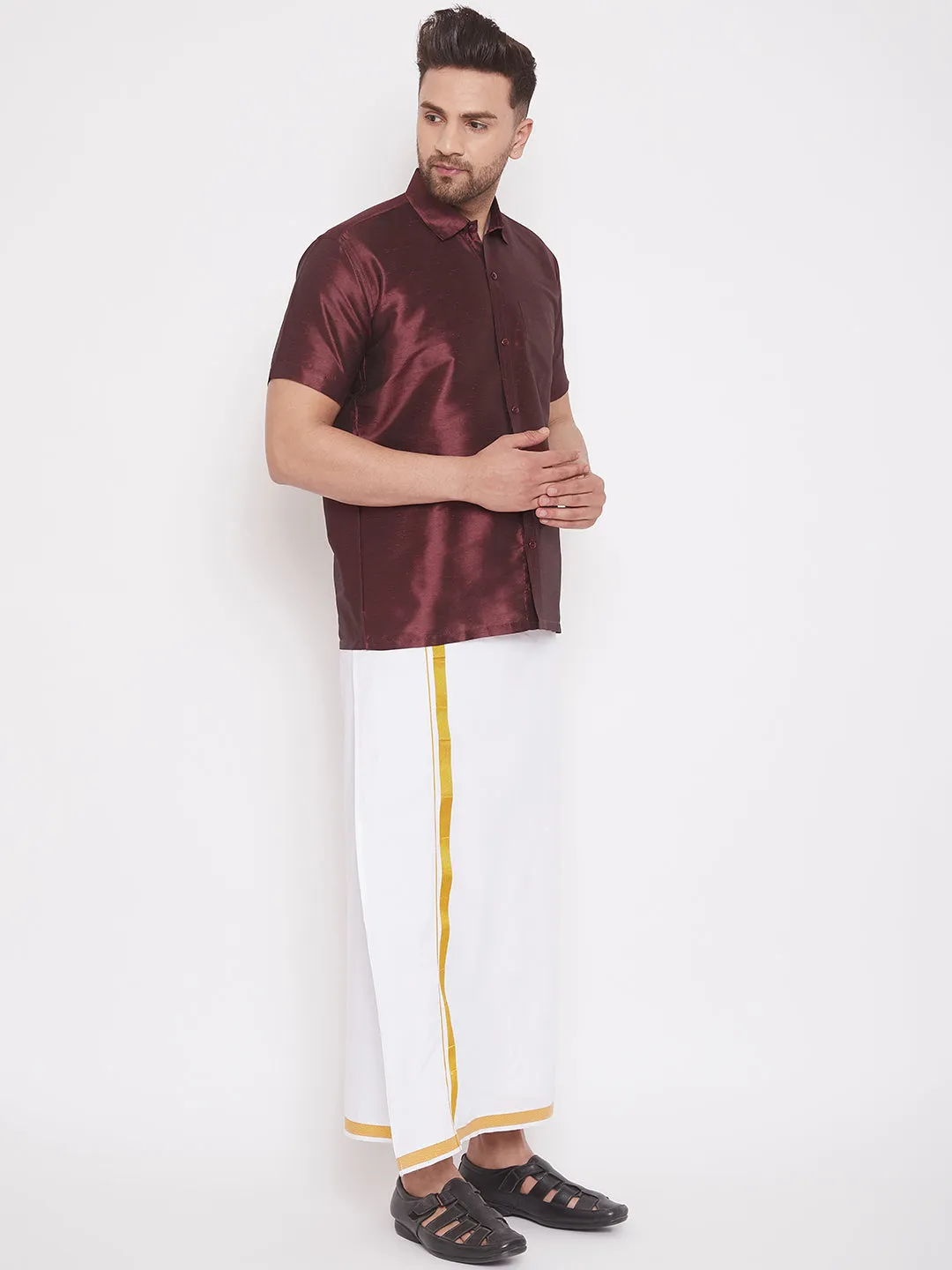 Jashvi Men's & Boys Wine Solid Silk Blend Half Sleeve Ethnic Shirt And Mundu Set