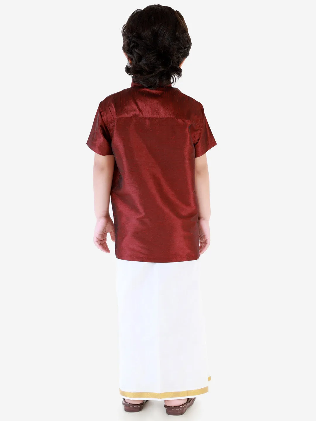 Jashvi Men's & Boys Wine Solid Silk Blend Half Sleeve Ethnic Shirt And Mundu Set