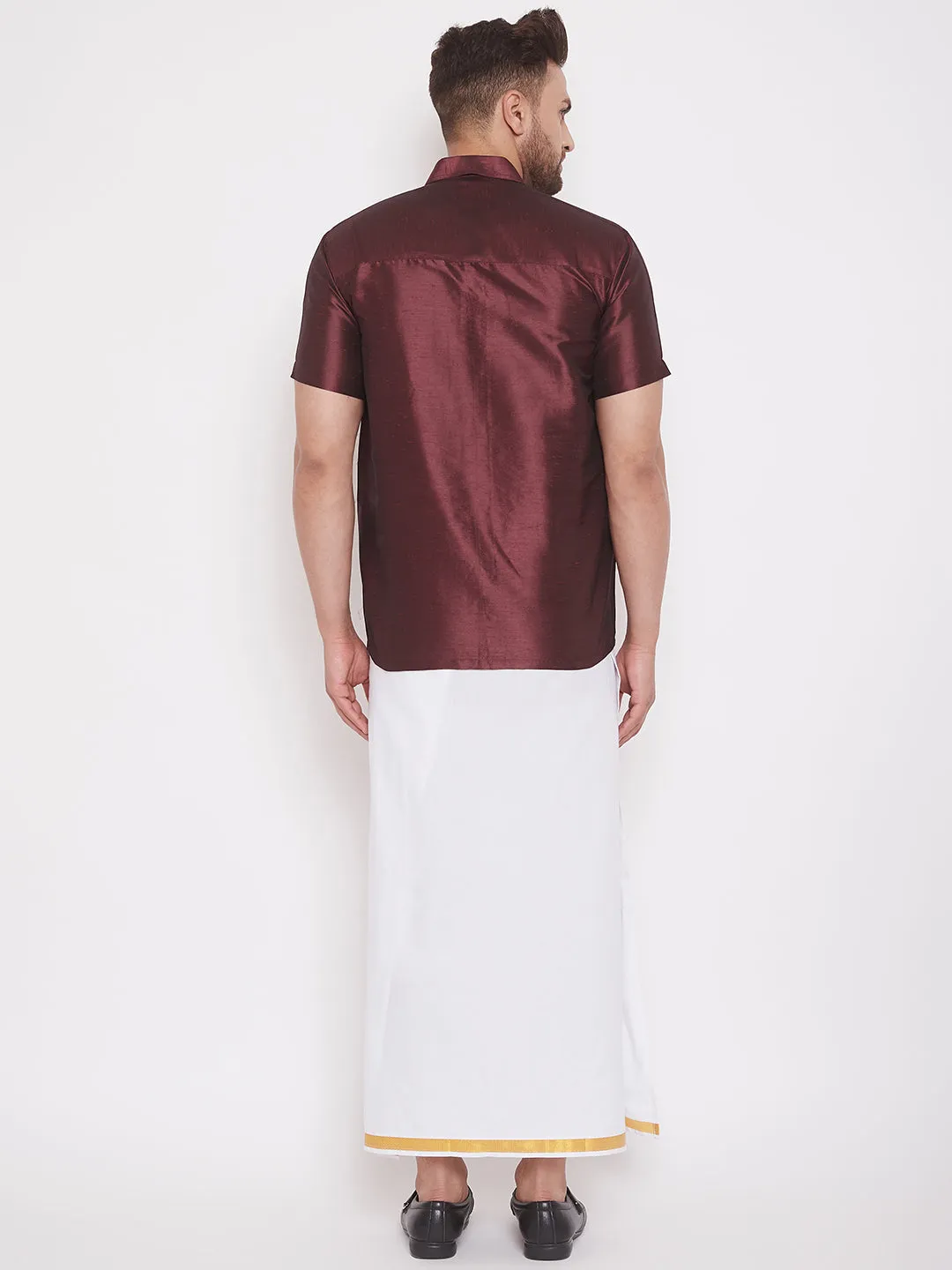 Jashvi Men's & Boys Wine Solid Silk Blend Half Sleeve Ethnic Shirt And Mundu Set