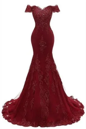 kamahe Gorgeous Burgundy Prom Party Gowns| Mermaid Lace Evening Gowns