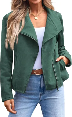 Kubbon Womens Faux Leather Jackets Faux Suede Motorcycle Jackets Coats Casual Zipper Cropped Bomber Biker Moto Coat Outwear