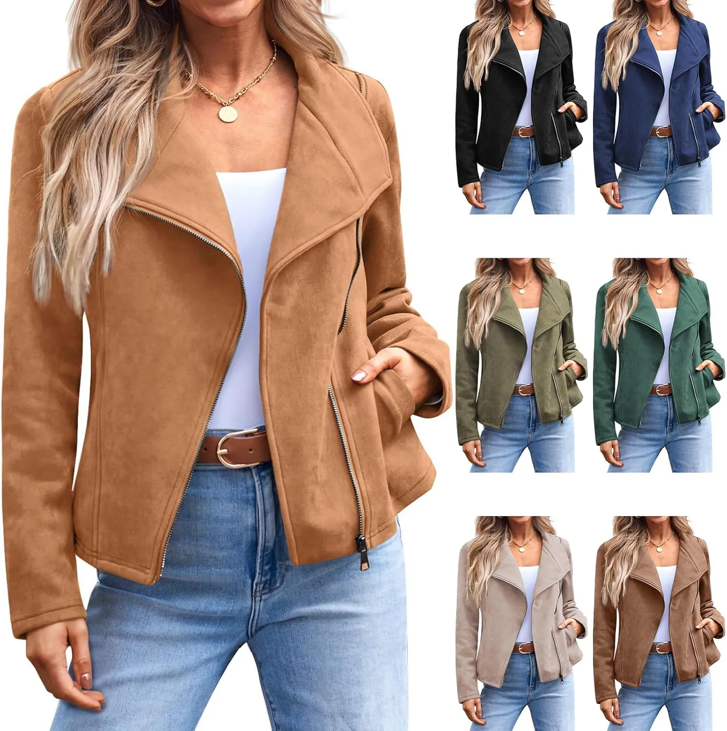 Kubbon Womens Faux Leather Jackets Faux Suede Motorcycle Jackets Coats Casual Zipper Cropped Bomber Biker Moto Coat Outwear
