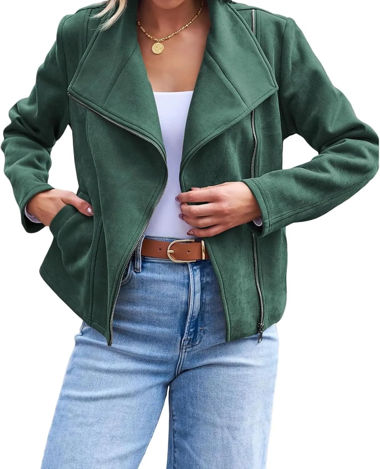Kubbon Womens Faux Leather Jackets Faux Suede Motorcycle Jackets Coats Casual Zipper Cropped Bomber Biker Moto Coat Outwear