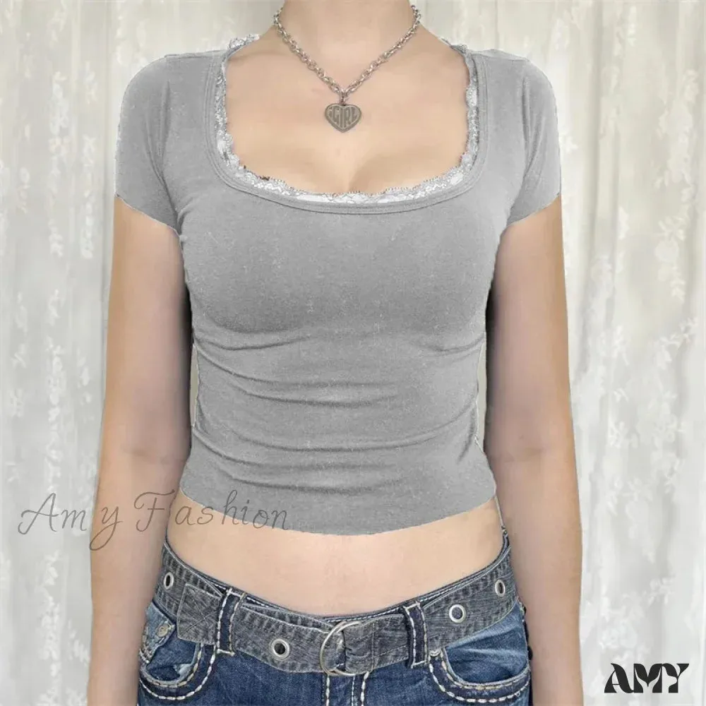 Lace Trim Solid Color Square Collar Short Sleeve Aesthetic Streetwear Crop Top