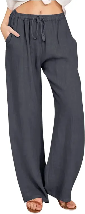 Linen Pants Women Summer Wide Leg Pants Drawstring Elastic Waist Pants High Waisted Lounge Pants Casual Beach Trousers