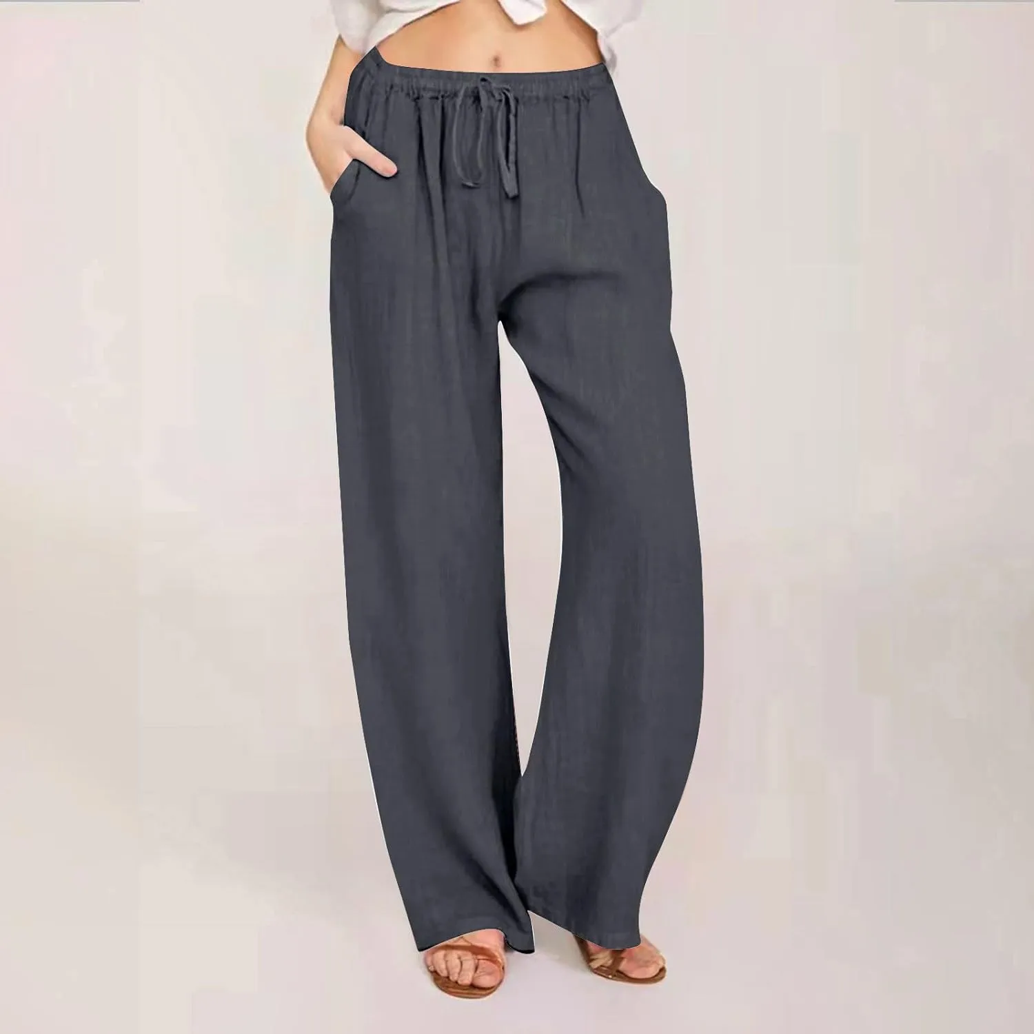 Linen Pants Women Summer Wide Leg Pants Drawstring Elastic Waist Pants High Waisted Lounge Pants Casual Beach Trousers