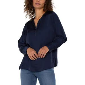 Long Sleeve Zip Front Woven Blouse