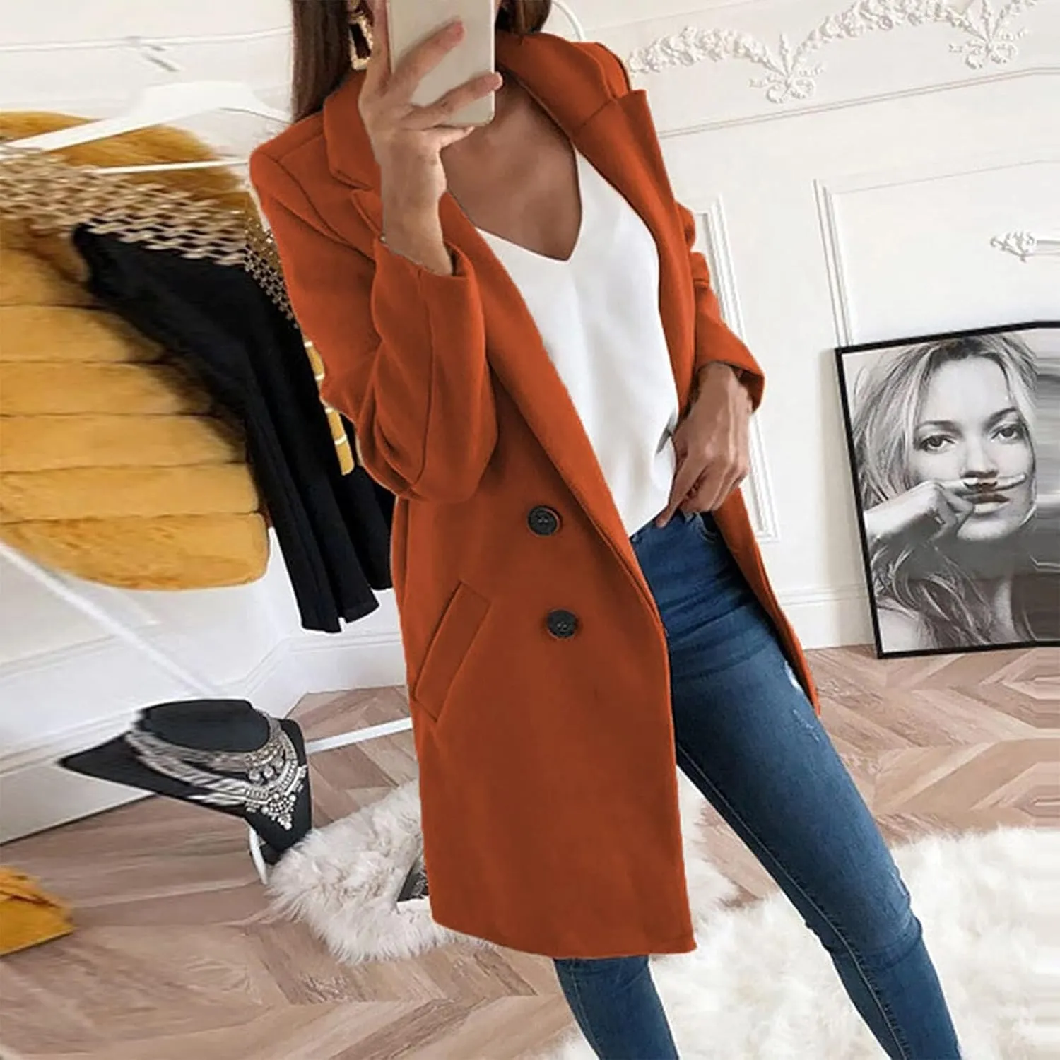 Long Winter Coats for Women Double Breasted Blazer Camel Pea Trench Coats Lapel Workout Jacket Womens Fall Fashion