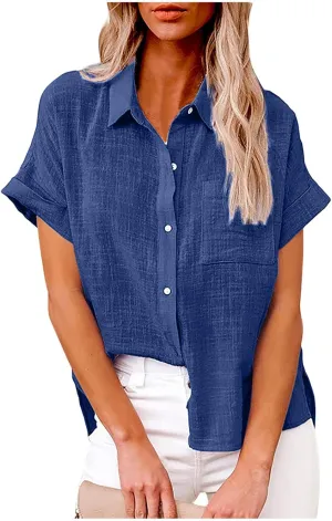 LRMQS Linen Shirts for Women Short Sleeve Summer 2024 Button Down Shirt Blouse Collared Casual Trendy Loose Tops Clothing