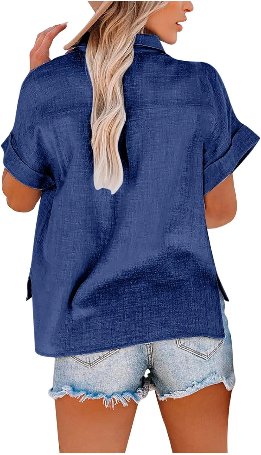 LRMQS Linen Shirts for Women Short Sleeve Summer 2024 Button Down Shirt Blouse Collared Casual Trendy Loose Tops Clothing