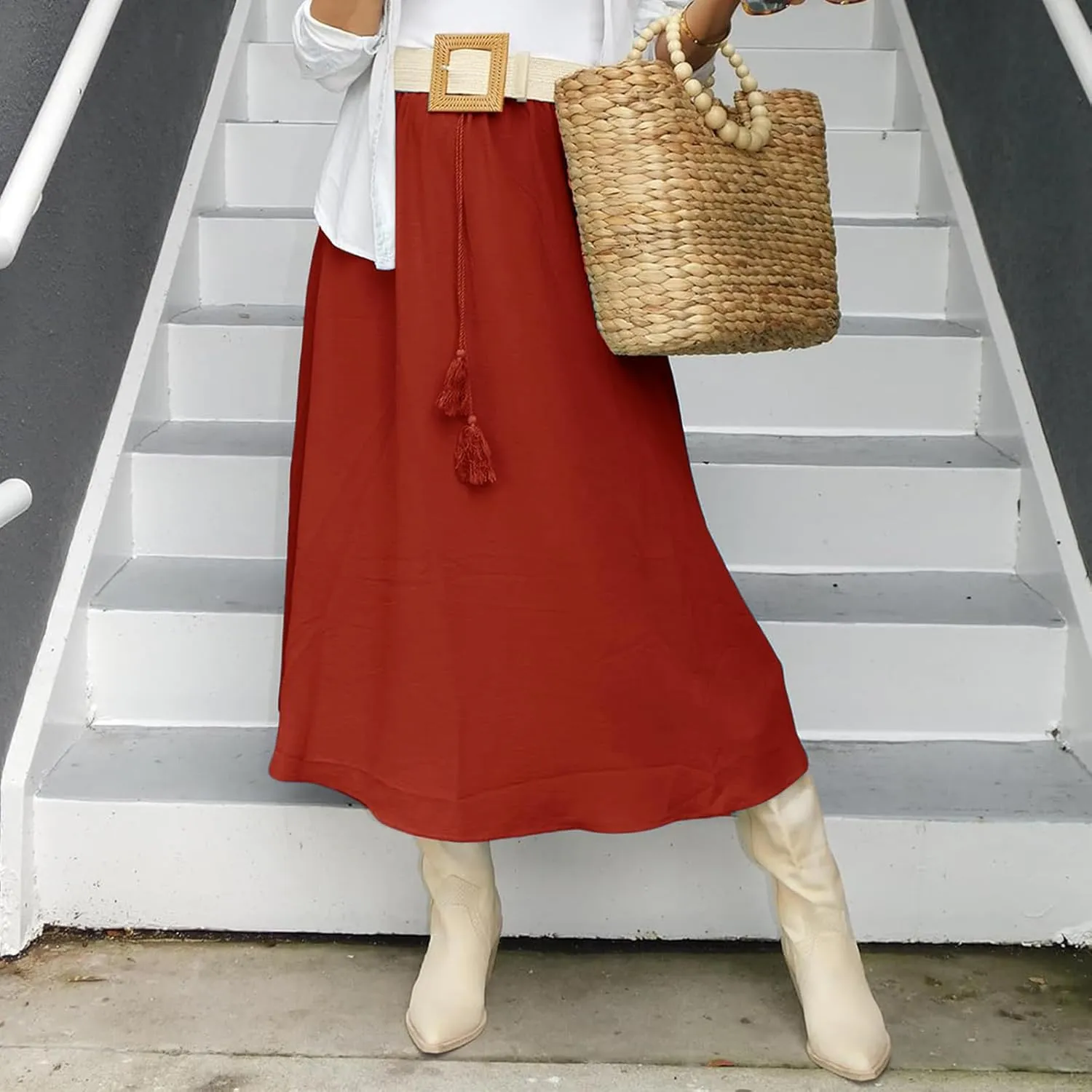 Maxi Skirts for Women Trendy Tie Knot Elastic High Waisted Boho Long Skirts Casual Flowy Swing Beach Skirt with Pockets