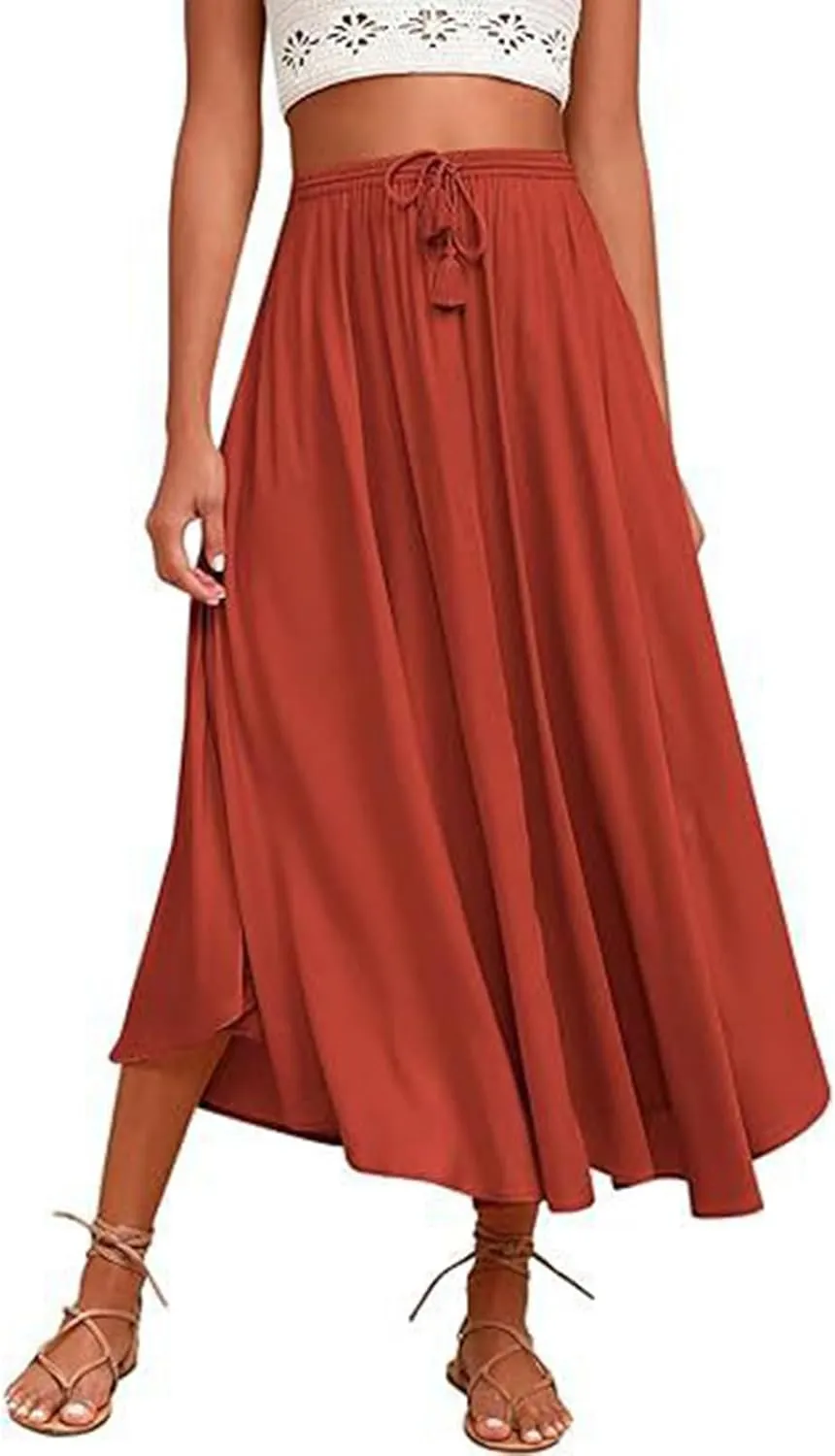 Maxi Skirts for Women Trendy Tie Knot Elastic High Waisted Boho Long Skirts Casual Flowy Swing Beach Skirt with Pockets