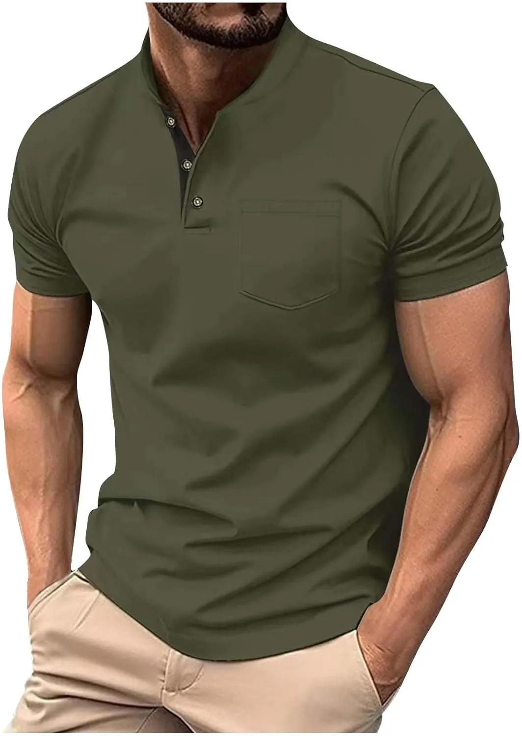 Men's Band Collar Henley Shirts Casual Short Sleeve Zipper Classic Golf T Shirt Summer Fashion Sport Workout Tee Top