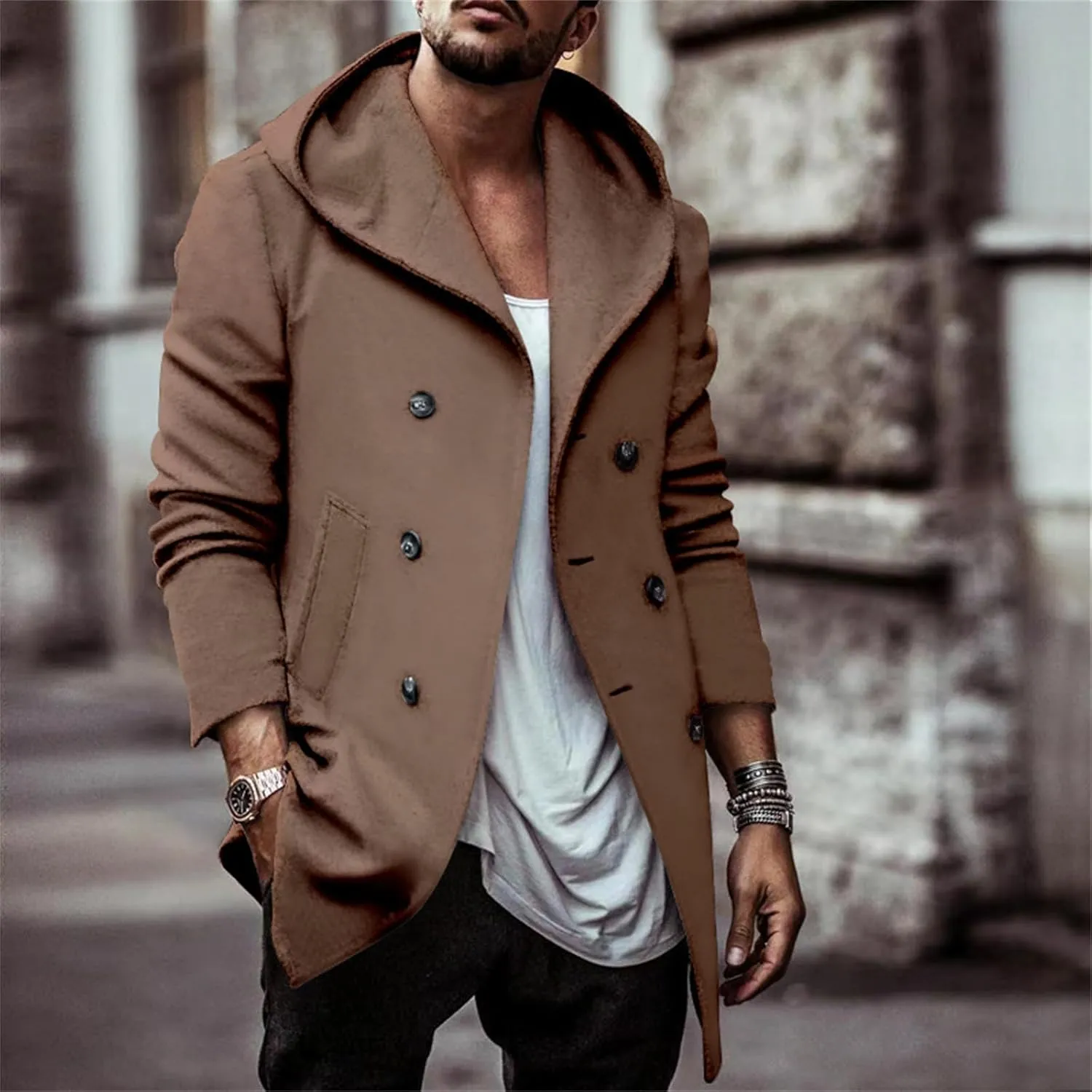 Mens Classic Pea Coat Hoodie Notched Collar Double Breasted Slim Fit Winter Warm Trench Coats for Men with Hood