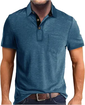 Men's Polo Shirts Casual Golf Short Sleeve Henley Shirts Button Down Solid Color Tees Classic Fit Tops with Pocket