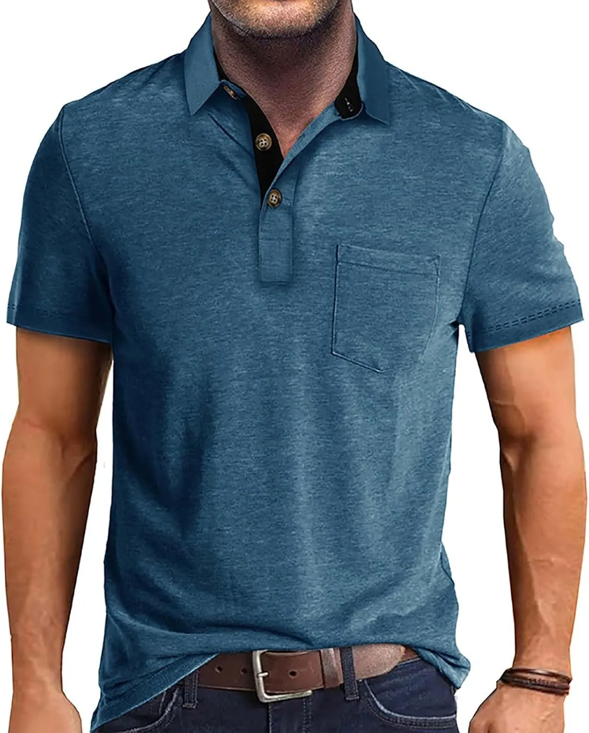 Men's Polo Shirts Casual Golf Short Sleeve Henley Shirts Button Down Solid Color Tees Classic Fit Tops with Pocket