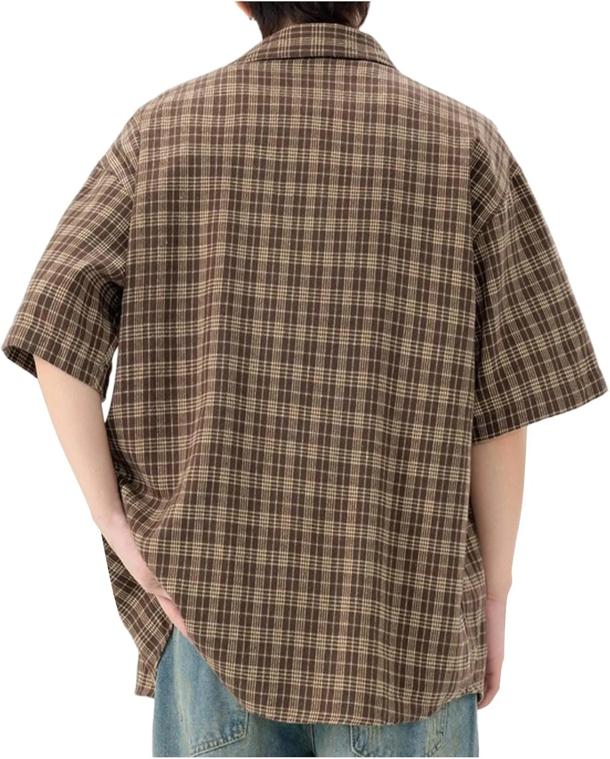 Men's Short Sleeve Button Up Shirts Collared Cotton Checkered Cuban Dress Shirt Casual Vintage Summer Plaid T-Shirt