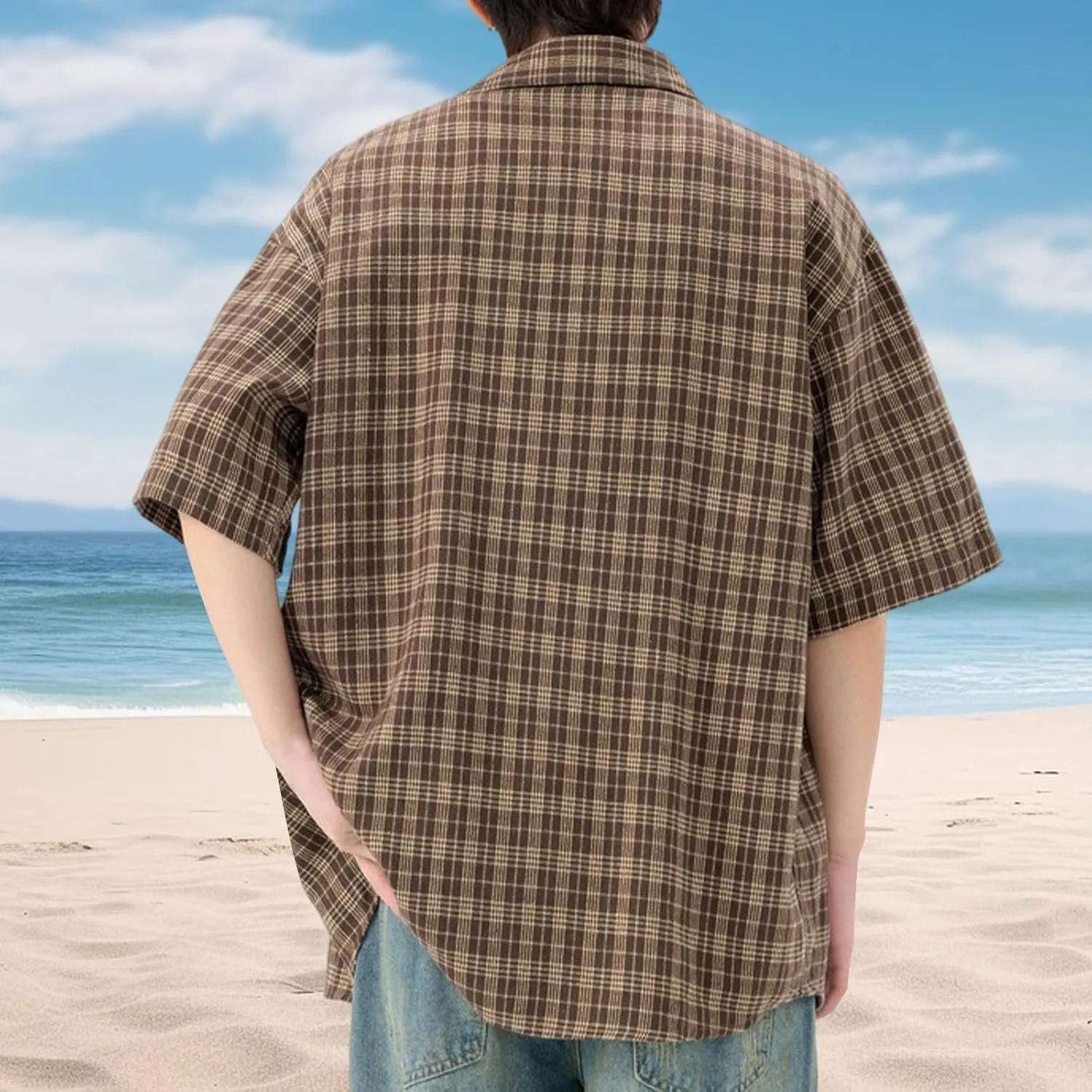 Men's Short Sleeve Button Up Shirts Collared Cotton Checkered Cuban Dress Shirt Casual Vintage Summer Plaid T-Shirt