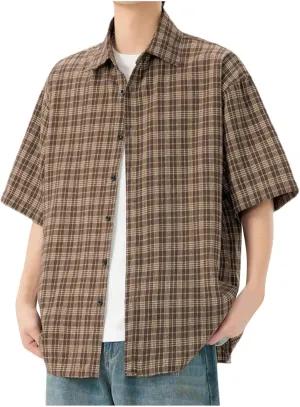 Men's Short Sleeve Button Up Shirts Collared Cotton Checkered Cuban Dress Shirt Casual Vintage Summer Plaid T-Shirt