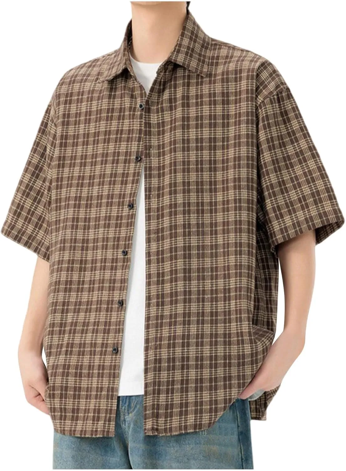 Men's Short Sleeve Button Up Shirts Collared Cotton Checkered Cuban Dress Shirt Casual Vintage Summer Plaid T-Shirt