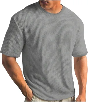 Mens Textured T-Shirts Lightweight Casual Knit Short Sleeve Crewneck Tops Summer Loose Fit Waffle Knit Pullover Tees