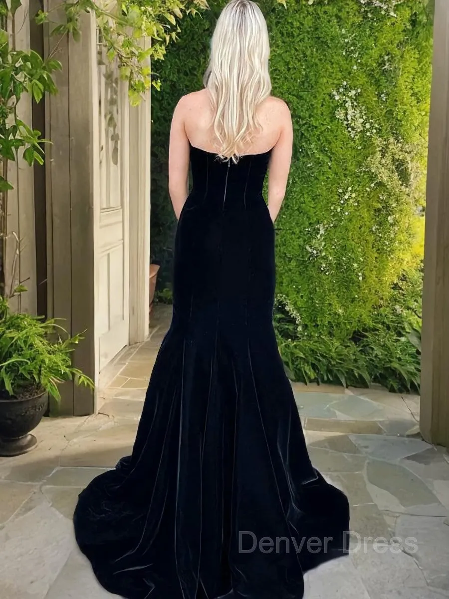 Mermaid Strapless Sweep Train Velvet Evening Dresses