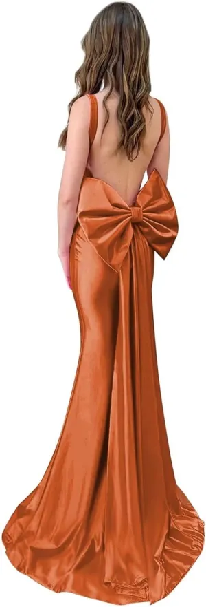 OFEYCHUN Mermaid Prom Dresses 2025 Satin Backless Evening Gown Cowl Neck Straps Formal Dress with Bow