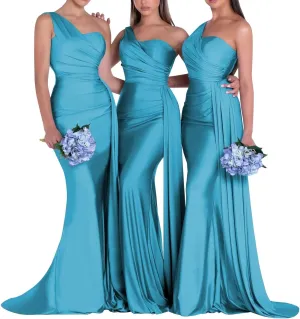 One Shoulder Bridesmaid Dresses for Wedding Mermaid Satin Prom Dresses Long Bodycon Formal Evening Gowns